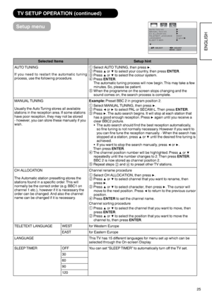 Page 2625
ENGLISH
 TV SETUP OPERATION (continued)
Setup menu
Selected Items Setup hint
AUTO TUNING
If you need to restart the automatic tuning 
process, use the following procedure.①
 Select AUTO TUNING, then press ö.
②
 Press ó or ô to select your country, then press ENTER.
③
 Press ó or ô to select the colour system.
④
 Press ENTER.
  The automatic tuning process will now begin. This may take a few 
minutes. So, please be patient.
⑤
 When the programme on the screen stops changing and the 
sound comes...