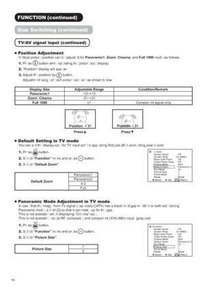 Page 42
)81&7,21FRQWLQXHG
6L]H6ZLWFKLQJFRQWLQXHG
79$9VLJQDOLQSXWFRQWLQXHG

3RVLWLRQ$GMXVWPHQW
9HUWLFDOSLFWXUHSRVLWLRQFDQEHDGMXVWHGIRU3DQRUDPLF=RRP&LQHPDDQG)XOOPRGHDVIROORZV
3UHVV

EXWWRQZKLOHRSHUDWLQJWKHSLFWXUHVL]HGLVSOD\
³3RVLWLRQ´GLVSOD\ZLOODSSHDU
$GMXVWWKHSRVLWLRQE\

EXWWRQ
$GMXVWPHQWUDQJHRIHDFKSLFWXUHVL]HDUHDVVKRZQEHORZ
LVSOD\6L]H $GMXVWDEOH5DQJH &RQGLWLRQ5HPDUN
3DQRUDPLFa
=RRP&LQHPDa
)XOO