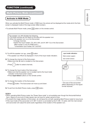 Page 45
(1*/,6+
)81&7,21FRQWLQXHG
0XOWL3LFWXUH0RGHFRQWLQXHG
$FWLYDWHLQ5*%0RGH
XUHZLOOEHGLVSOD\HGDWWKHPRGHZKLFKWKH6XE


7RDFWLYDWH0XOWL3LFWXUHPRGHSUHVVEXWWRQRQWKHUHPRWHFRQWURO
7KHVSHDNHULFRQ
LQGLFDWHVWKHIROORZLQJQ
:KHQWKHVSHDNHULFRQLVRQWKH6XEVFUHHQ

&KDQJHFKDQQHOV

6ZLWFKWKH,QSXWPRGHV
79$9$9DQG+0,aRQWKH6XEVFUHHQ
0DLQVFUHHQLVRQO\IRU5*%,QSXW

8QDYDLODEOHLQSXWPRGHV$9DQG$9...