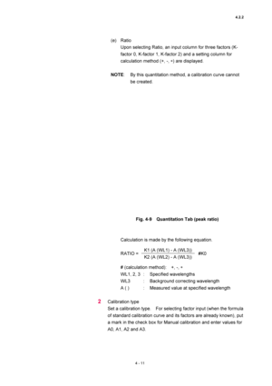 Page 1374.2.2 
4 - 11 
(e) Ratio  
Upon selecting Ratio, an input column for three factors (K-
factor 0, K-factor 1, K-factor 2) and a setting column for 
calculation method (+, -, ∗) are displayed.     
 
NOTE:  By this quantitation method, a calibration curve cannot 
be created.   
 
 
 
Fig. 4-9    Quantitation Tab (peak ratio) 
 
 
Calculation is made by the following equation.   
 
RATIO =    #K0 
 
# (calculation method):    +, -, ∗  
WL1, 2, 3  :  Specified wavelengths   
WL3  :  Background correcting...