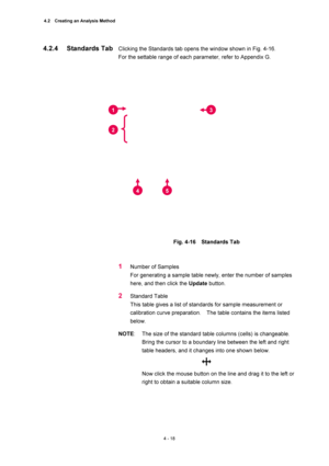 Page 1444.2    Creating an Analysis Method 
4 - 18 
Clicking the Standards tab opens the window shown in Fig. 4-16.     
For the settable range of each parameter, refer to Appendix G.   
 
 
 
Fig. 4-16  Standards Tab 
 
 
1 Number of Samples   
For generating a sample table newly, enter the number of samples 
here, and then click the Update button.   
2 Standard Table   
This table gives a list of standards for sample measurement or 
calibration curve preparation.    The table contains the items listed 
below....