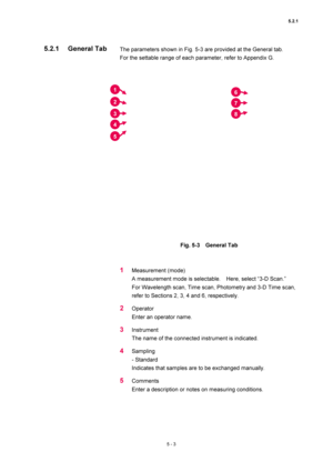 Page 1775.2.1 
5 - 3 
The parameters shown in Fig. 5-3 are provided at the General tab.     
For the settable range of each parameter, refer to Appendix G.   
 
 
 
Fig. 5-3  General Tab 
 
 
1 Measurement (mode)   
A measurement mode is selectable.    Here, select “3-D Scan.”   
For Wavelength scan, Time scan, Photometry and 3-D Time scan, 
refer to Sections 2, 3, 4 and 6, respectively.   
2 Operator  
Enter an operator name.   
3 Instrument  
The name of the connected instrument is indicated.   
4 Sampling 
-...