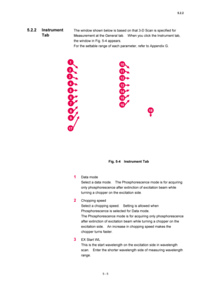 Page 1795.2.2 
5 - 5 
The window shown below is based on that 3-D Scan is specified for 
Measurement at the General tab.    When you click the Instrument tab, 
the window in Fig. 5-4 appears.   
For the settable range of each parameter, refer to Appendix G.   
 
 
 
Fig. 5-4  Instrument Tab 
 
 
1 Data mode   
Select a data mode.    The Phosphorescence mode is for acquiring 
only phosphorescence after extinction of excitation beam while 
turning a chopper on the excitation side.   
2 Chopping speed   
Select a...