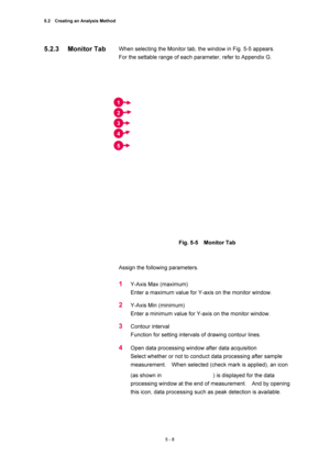 Page 1825.2    Creating an Analysis Method 
5 - 8 
When selecting the Monitor tab, the window in Fig. 5-5 appears.     
For the settable range of each parameter, refer to Appendix G.   
 
 
 
Fig. 5-5  Monitor Tab 
 
 
Assign the following parameters.   
 
1 Y-Axis Max (maximum)   
Enter a maximum value for Y-axis on the monitor window.   
2 Y-Axis Min (minimum)   
Enter a minimum value for Y-axis on the monitor window.   
3 Contour interval   
Function for setting intervals of drawing contour lines.     
4 Open...