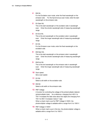 Page 2066.2    Creating an Analysis Method 
6 - 6 
4 EM WL   
For the Excitation scan mode, enter the fixed wavelength on the 
emission side .    For the Synchronous scan mode, enter the start 
wavelength on the emission side.   
5 EX Start WL   
This is the start wavelength on the excitation side in wavelength 
scan.    Enter the shorter wavelength side of measuring wavelength 
range.  
6 EX End WL   
This is the end wavelength on the excitation side in wavelength 
scan.    Enter the longer wavelength side of...