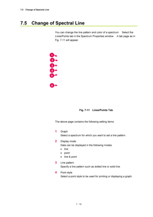 Page 2347.5    Change of Spectral Line 
7 - 10 
7.5    Change of Spectral Line 
 
You can change the line pattern and color of a spectrum.    Select the 
Lines/Points tab in the Spectrum Properties window.    A tab page as in 
Fig. 7-11 will appear. 
 
 
 
Fig. 7-11  Lines/Points Tab 
 
 
The above page contains the following setting items. 
 
1 Graph 
Select a spectrum for which you want to set a line pattern. 
2 Display mode 
Data can be displayed in the following modes. 
• line 
• point 
•  line & point 
3...