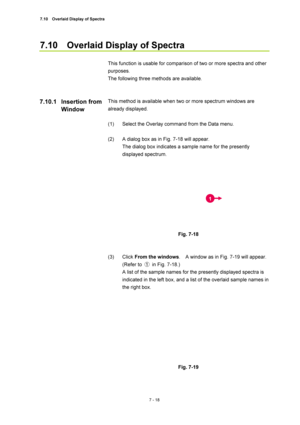 Page 2427.10    Overlaid Display of Spectra 
7 - 18 
7.10    Overlaid Display of Spectra 
 
This function is usable for comparison of two or more spectra and other 
purposes. 
The following three methods are available. 
 
 
This method is available when two or more spectrum windows are 
already displayed. 
 
(1)  Select the Overlay command from the Data menu. 
 
(2)  A dialog box as in Fig. 7-18 will appear. 
The dialog box indicates a sample name for the presently 
displayed spectrum. 
 
 
 
Fig. 7-18 
 
 
(3)...