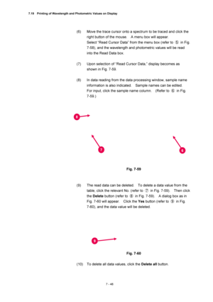 Page 2727.19    Printing of Wavelength and Photometric Values on Display 
7 - 48 
(6)  Move the trace cursor onto a spectrum to be traced and click the 
right button of the mouse.    A menu box will appear.     
Select “Read Cursor Data” from the menu box (refer to ⑤ in Fig.  
7-58), and the wavelength and photometric values will be read 
into the Read Data box. 
 
(7)  Upon selection of “Read Cursor Data,” display becomes as 
shown in Fig. 7-59. 
 
(8)  In data reading from the data processing window, sample...