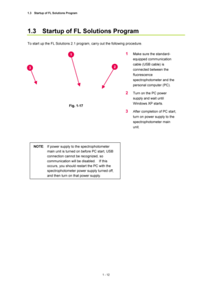 Page 331.3    Startup of FL Solutions Program 
1 - 12 
1.3    Startup of FL Solutions Program   
 
To start up the FL Solutions 2.1 program, carry out the following procedure.   
 
 
 
 
Fig. 1-17 
 
1 Make sure the standard-
equipped communication 
cable (USB cable) is 
connected between the 
fluorescence 
spectrophotometer and the 
personal computer (PC).   
2 Turn on the PC power 
supply and wait until 
Windows XP starts.   
3 After completion of PC start, 
turn on power supply to the 
spectrophotometer main...