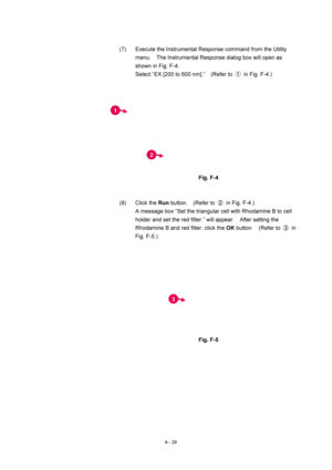 Page 342A - 29 
(7)  Execute the Instrumental Response command from the Utility 
menu.    The Instrumental Response dialog box will open as 
shown in Fig. F-4. 
Select “EX [200 to 600 nm].”    (Refer to ①  in Fig. F-4.) 
 
 
 
Fig. F-4 
 
 
(8) Click the Run button.  (Refer to ②  in Fig. F-4.) 
A message box “Set the triangular cell with Rhodamine B to cell 
holder and set the red filter.” will appear.    After setting the 
Rhodamine B and red filter, click the OK button.  (Refer to ③ in 
Fig. F-5.) 
 
 
 
Fig....