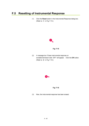 Page 353A - 40 
F.5    Resetting of Instrumental Response 
 
(1) Click the Reset button in the Instrumental Response dialog box.   
(Refer to ①  in Fig. F-15.) 
 
 
 
Fig. F-15 
 
 
(2)  A message box “Erase instrumental response on 
excitation/emission side. OK?” will appear.    Click the OK button.   
(Refer to ②  in Fig. F-16.) 
 
 
 
Fig. F-16 
 
 
(3)  Now, the instrumental response has been erased. 
 
1
2 