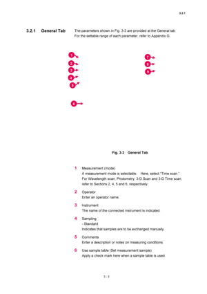 Page 983.2.1 
3 - 3 
The parameters shown in Fig. 3-3 are provided at the General tab.     
For the settable range of each parameter, refer to Appendix G.   
 
 
 
Fig. 3-3  General Tab 
 
 
1 Measurement (mode)   
A measurement mode is selectable.    Here, select “Time scan.”   
For Wavelength scan, Photometry, 3-D Scan and 3-D Time scan, 
refer to Sections 2, 4, 5 and 6, respectively.   
2 Operator  
Enter an operator name.   
3 Instrument  
The name of the connected instrument is indicated.   
4 Sampling  
-...