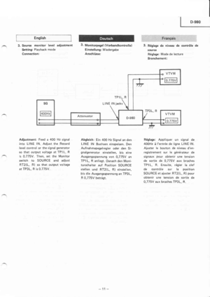 Page 11English
3. Source monitor level adiustment
Setting: Playback mode
Connection:
3 Monitorpegel (Vorbandkontrollel
E instellung: Wiedergabe
Anschlibse:
D-980
3. Réglage de niveau de contr6le de
soufce
Réglage: Mode de lecture
Branchement:
Adjustment: Feed a 400 Hz signal
into LINE lN. Adjust the Record
level control or the signal generator
so that output voltage at TPl L, R
is 0.775V. Then, set the Monitor
switch to SOURCE and adjust
RT2(L, R) so that output voltage
at TP3L, R is 0.775V.
Abgleich: Ein 400...