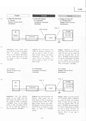 Page 15D-980
Adjustment: Feed a 5kHz signal
into LINE lN, so rhat the voltage at
TP2L, R becomes -30.4dBm.Then, set the DOLBY NR Switch
to oN. Adjust RT1(L,R) so that
the voltage at TP2L, R becomes
-22.4d8m.
6.-2 Playback
Setting; Playback mode
Connection:
English
6. Dolby NR adjustment
6.-1 Record
Setting: Playback Mode
Connection:
6. Dolby-NR-Abgleich
6.-1 Aufnahme
Einstellung: Wiedergabe
Anschlússe:
LINE lN jacks
Abgleich: Ein 5 kHz Signal an den
LINE lN Buchsen einspeisen, so
daB der Pegel an TP2L, R...
