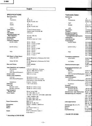 Page 3English
SPECIFICATIONS
SemÈcondustors:tc,s
Transisto rs
FETS
Diodes
LEDSTrack System:Tape:
Tape Speed:
Recording SYstem andBias Frequency:
Erasing Sytem:
Erase Ratio:
Frequency Response:
UD-ER (NOR)
UD-EX (CrO, )
FeCr
S/N (Signal to Noise Ratiol:Dolby NR OFF:
Dolby NR ON:
Wow and Flutter:
lnput Sensitivity and lmpedance:
Microphone:
Line in:
Power Consumption:
Dimensions:Weight:
Motor:
Heads:
* According to DIN 45 500
8s6 (u, c)
54 (W, FS, BS, AU)
24s (u, c)
44 (W, FS, BS, AiJ}11
4 track 2 channel...