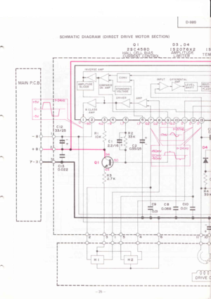 Page 25SCHMATIC DIAGRAM (DIRECT DRIVE MOTOR SECTION)
Q I D3 , D4
2SC458D tS2076X2
HALL CELL BIAS AMPLITUDEc uIr&EN.r_cgtulrcL _ _ ! lu I r E R _
rs
TEMI
l---- -- -r
I
I
MA|N P.c.Bl
L-----J
INVERSE AMP
I
I
I
lce
lstrzs
c13o.o22
II
L----- -
OI FFERENTIAL
-5v !
22/16c2o.33/25
c9 c8 I CIO
DRIVE C 