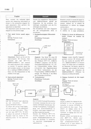 Page 10I Engtish I
Next, connect the indicated signal
source and measuring instruments as
shown in the connection diagram for
each adjustment; then perform the
adjustment as described.
The adjustment parts are shown in the
diagram on the previous page.
1. Tape speed (motor speed) adjust-
ment
Setting: Playback mode
Connection:
MTT-111
3000H2(31 50Hz*
Adjustment: Warm up the unit for
approxiryately 20 minutes; then
playback test tape MTT-l 1 1,
3000H2(3150H2*), and measure
the speed deviation with a frequen-
cy...