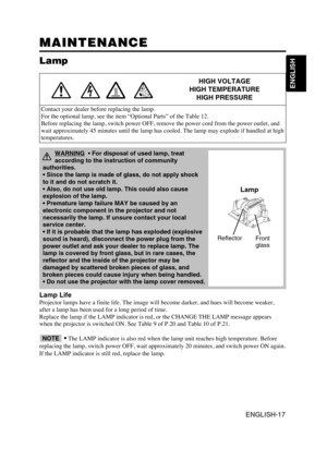 Page 18ENGLISH-17
ENGLISH
MAINTENANCE MAINTENANCE
Lamp
HIGH VOLTAGE
HIGH TEMPERATURE
HIGH PRESSURE
Contact your dealer before replacing the lamp.
For the optional lamp, see the item “Optional Parts” of the Table 12.
Before replacing the lamp, switch power OFF, remove the power cord from the power outlet, and
wait approximately 45 minutes until the lamp has cooled. The lamp may explode if handled at high
temperatures.
Lamp Life
Projector lamps have a finite life. The image will become darker, and hues will...