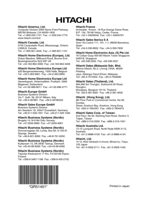 Page 39Printed in Japan*QR51401*
Hitachi America, Ltd.Computer Division 2000 Sierra Point Parkway,
MS760 Brisbane, CA 94005-1835
Tel: +1-800-225-1741  Fax: +1-650-244-7776
www.hitachi.com/lcd.
Hitachi Canada, Ltd.6740 Campobello Road, Mississauga, Ontario
L5N2L8, Canada
Tel: +1-905-821-4545  Fax: +1-905-821-1101
Hitachi Home Electronics (Europe), Ltd.Dukes Meadow, Millboard Road, Bourne End ,
Buckinghamshire SL8 5XF UK
Tel: +44-162-864-3000  Fax: +44-162-864-3400
Hitachi Home Electronics Europe Ltd426...