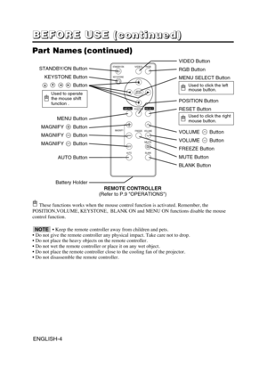 Page 5ENGLISH-4
B B B B
E E E E
F F F F
O O O O
R R R R
E E E E
       
U U U U
S S S S
E E E E
       
( ( ( (
c c c c
o o o o
n n n n
t t t t
i i i i
n n n n
u u u u
e e e e
d d d d
) ) ) )
REMOTE CONTROLLER
(Refer to P.9 OPERATIONS)
• Keep the remote controller away from children and pets.
• Do not give the remote controller any physical impact. Take care not to drop. 
• Do not place the heavy objects on the remote controller.
• Do not wet the remote controller or place it on any wet object. 
• Do not place...