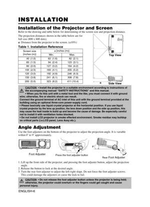 Page 7ENGLISH-6
INSTALLATION INSTALLATION
Installation of the Projector and Screen
Refer to the drawing and table below for determining of the screen size and projection distance.
Top View
Side View
Screen size
[inches (m)]a[inches (m)]
Min.Max.
40  (1.0)62  (1.6)82  (2.1)
60  (1.5)94  (2.4)123  (3.1)
80  (2.0)127  (3.2)164  (4.2)
100  (2.5)160  (4.1)205  (5.2)
120  (3.0)192  (4.9)246  (6.3)
150  (3.8)241  (6.1)308  (7.8)
200  (5.0)323  (8.2)411 (10.4)
Angle Adjustment
Use the foot adjusters on the bottom of...