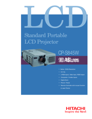 Page 1L C D• Native  SVGA Resolution
• 9.8  lbs.
• 2 RGB Inputs, Video Input, RGB Output
• Composite / S-video Inputs
• Digital Zoom
•  Picture  Freeze
•  Remote Controller with mouse Function 
& Laser Pointer
900  ANSI Lumens CP-S845W
Standard Portable
LCD Projector 