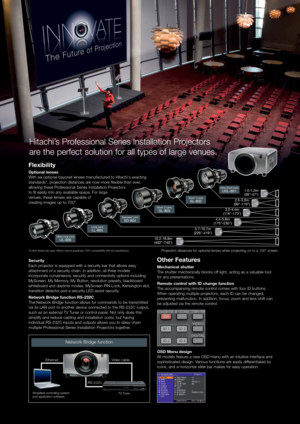 Page 3Network Bridge function
Ethernet Video cable
RS-232C
Simplified controlling system
and application softwareTV Tuner
Other Features
Mechanical shutter
The shutter mechanically blocks off light, acting as a valuable tool 
for any presentations.
Remote control with ID change function
The accompanying remote control comes with four ID buttons.
When operating multiple projectors, each ID can be changed,
preventing malfunction. In addition, focus, zoom and lens shift can 
be adjusted via the remote control....