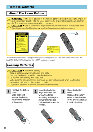 Page 1212
Remote Control Remote Control
About The Laser Pointer
Loading Batteries
WARNING• The laser pointer of the remote control is used in place of a finger or
rod. Never look directly into the laser beam outlet or point the laser beam at other
people. The laser beam can cause vision problems.
CAUTION
•Use of controls or adjustments or performance of procedures other
than those specified herein may result in hazardous radiation exposure.
STANDBY/ONVIDEOLA
SER IN
DICA
TOR
ESC MENUPOSITIONRESET AUTO
KEYSTONE1...