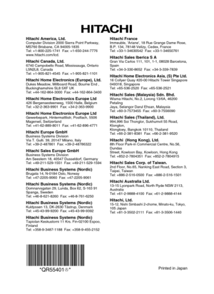 Page 40Printed in Japan*QR55401 *
Hitachi America, Ltd.Computer Division 2000 Sierra Point Parkway,
MS760 Brisbane, CA 94005-1835
Tel: +1-800-225-1741  Fax: +1-650-244-7776
www.hitachi.com/lcd.
Hitachi Canada, Ltd.6740 Campobello Road, Mississauga, Ontario
L5N2L8, Canada
Tel: +1-905-821-4545  Fax: +1-905-821-1101
Hitachi Home Electronics (Europe), Ltd.Dukes Meadow, Millboard Road, Bourne End ,
Buckinghamshire SL8 5XF UK
Tel: +44-162-864-3000  Fax: +44-162-864-3400
Hitachi Home Electronics Europe Ltd426...