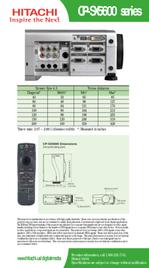 Page 2CP-SX5600 series
For sales information, call 1.800.225.1741.
Printed 04/04
Specifications are subject to change without notification.www.hitachi.us/digitalmedia
Screen Size 4.3  Throw distance 
Diagonal*   Width* Min*   Max*  
40   32   65   85  
60   48   98   127  
80   64   131    170   
100   80    164   213  
120   96    196    255   
150   120    246    319  
200    160    328    426 
Throw ratio: 2.07 ~ 2.66:1 (distance:width) *: Measured in inches
CP-SX5600 Dimensions
103mm
(4-1/16)
66.2mm...