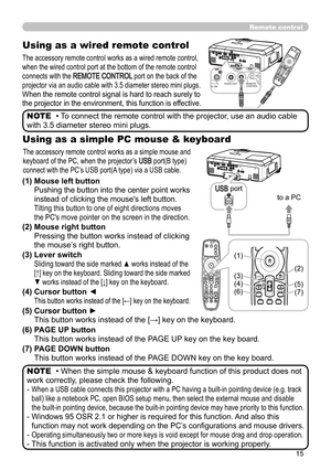 Page 1515
Remote control
Using as a wired remote control
The accessory remote control works as a wired remote control, 
when the wired control port at the bottom of the remote control 
connects with the 
REMOTE CONTROL port on the back of the 
projector via an audio cable with 3.5 diameter stereo mini plugs.
When the remote control signal is hard to reach surely to 
the projector in the environment, this function is effective.
• To connect the remote control with the projector, use an audio cable 
with 3.5...