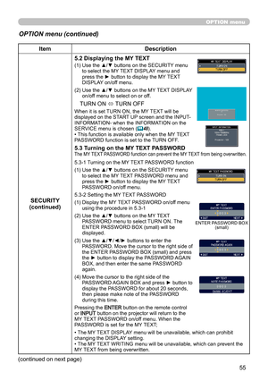 Page 5555
OPTION menu
OPTION menu (continued)
ItemDescription
SECURITY
(continued) 5.2 Displaying the MY TEXT
(1)  
Use the ▲/▼ buttons on the SECURITY menu 
to select the MY TEXT DISPLAY menu and 
press the ► button to display the MY TEXT 
DISPLAY on/off menu.
(2)   Use the ▲/▼ buttons on the MY TEXT DISPLAY 
on/off menu to select on or off.
TURN ON 
ó TURN OFF
When it is set TURN ON, the MY TEXT will be 
displayed on the START UP screen and the INPUT-
INFORMATION- when the INFORMATION on the 
SERVICE menu is...