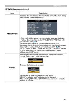 Page 6161
NETWORK menu
NETWORK menu (continued)
ItemDescription
INFORMATION Selecting this item displays the NETWORK -INFORMATION- dialog 
for confirming the network settings.
• Only the first 16 characters of the projector neme are displayed.
• Nothing (blank) is shown in the “PROJECTOR NAME” field until 
you setup the item (
59).
• When the voltage level of the battery for the built in clock 
decreases, the set time may become incorrect even though accurate 
date and time are input. Replace the battery...