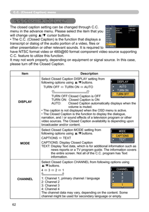 Page 6262
C .C  . (Closed Caption) menu
The closed caption setting can be changed through C.C. 
menu in the advance menu. Please select the item that you 
will change using ▲/▼ cursor buttons.
• The C.C. (Closed Caption) is the function that displays a
transcript or dialog of the audio portion of a video, files or
other presentation or other relevant sounds. It is required to 
have NTSC format video or 480i@60 format component video source supporting 
C.C. feature to utilize this function.
It may not work...