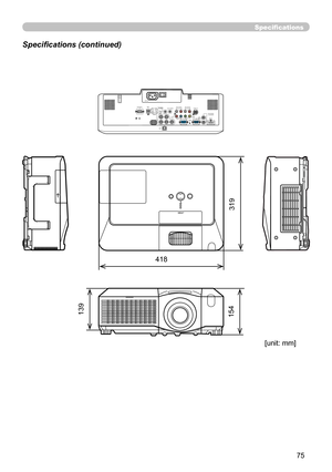 Page 7575
Specifications
Specifications (continued)
[unit: mm]
418
319
154 139
LAN
AC IN
I   O
VIDEO
CONTROL
AUDIO IN1
AUDIO IN2
AUDIO OUT
RGB
 OUTRGB1
RGB2
HDMI
 R             L      R           L
     AUDIO IN3        AUDIO IN4
CB/PBY CR/PRB/CB/PBR/CR/PRG/Y
HVUSBREMOTE 
CONTROL
   
S-VIDEO 