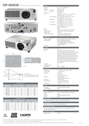 Page 2HITACHI DIGITAL MEDIA, Hitachi Europe Ltd, Whitebrook Park, Lower Cookham Road, Maidenhead, Berkshire  SL6 8YA  UNITED KINGDOM
Tel: +44 (0)1628 585 000   Fax: +44 (0)1628 585 500   www.hitachidigitalmedia.com
The specification above and photography is for reference only and may be subject to change. The ‘HD Ready’ logo is a trademark of EICTA. HDMI, the HDMI logo and High-Definition Multimedia Interface are trademarks or registered trademarks of HDMI Licensing LLC.12/08
OPTICAL
LCD Panel 0.8 P-Si TFT x 3...