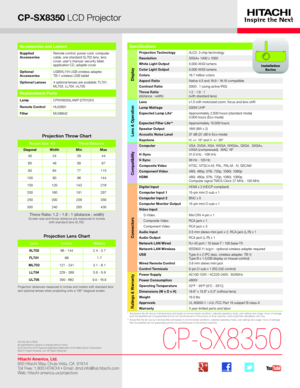 Page 1CP-SX8350 LCD Projector
*   Actual lamp life will vary by individual lamp and based on environmental conditions, selected operating mode, user settings and usage. H\
ours of average lamp life specified are not guaranteed and do not constitute part of the product or lamp warranty. Lamp brightness decreases over time.**   Actual filter life will vary by individual filter and based on envir\
onmental conditions, selected operating mode, user settings and usage. H\
ours of average filter life specified are...