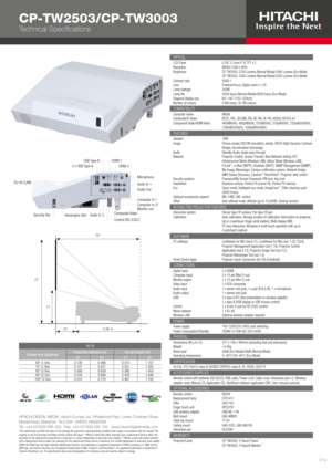 Page 1CP-TW2503/CP-TW3003
Technical Specifications
OPTICALLCD Panel   0.59" (1.5cm) P-Si TFT x 3 Resolution   WXGA (1280 x 800) Brightness  CP-TW2503: 2700 Lumens (Normal Mode)/1800 Lumens (Eco Mode)    CP-TW3003: 3300 Lumens (Normal Mode)/2200 Lumens (Eco Mode) Contrast ratio    5000:1 Lens   Powered focus, Digital zoom x 1.35 Lamp wattage   250W Lamp life   2500 hours (Normal Mode)/4000 hours (Eco Mode)* Diagonal display size 60~100" (152~254cm) Number of colours  8 Bit/colour, 16.7M colours...