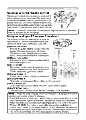 Page 1515
Remote control
Using as a wired remote control
The accessory remote control works as a wired remote control, 
when the wired control port at the bottom of the remote control 
connects with the 
REMOTE CONTROL port on the back of the 
projector via an audio cable with 3.5 diameter stereo mini plugs.
When the remote control signal is hard to reach surely to 
the projector in the environment, this function is effective.
• To connect the remote control with the projector, use an audio cable 
with 3.5...