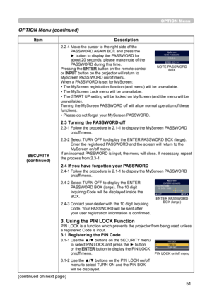 Page 5151
OPTION Menu
OPTION Menu (continued)
ItemDescription
SECURITY
(continued)
2.2-4   Move the cursor to the right side of the 
PASSWORD AGAIN BOX and press the 
► button to display the PASSWORD for 
about 20 seconds, please make note of the 
PASSWORD during this time. 
Pressing the 
ENTER button on the remote control 
or INPUT  button on the projector will return to 
MyScreen PASS WORD on/off menu.
When a PASSWORD is set for MyScreen:
• The MyScreen registration function (and menu) will be unavailable.
•...