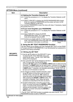 Page 5454
OPTION Menu
OPTION Menu (continued)
ItemDescription
SECURITY
(continued) 4.3 Setting the Transition Detector off
4.3-1  
Follow the procedure in 4.1-1 to display the Transition Detector on/off 
menu.
4.3-2   Select TURN OFF to display the ENTER PASSWORD BOX (large). 
Enter the registered PASSWORD and the screen will return to the 
Transition Detector on/off menu.
If an incorrect PASSWORD is input, the menu will close. If necessary, repeat 
the process from 4.3-1.
4.4 If you have forgotten your...