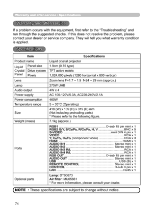 Page 7474
Warranty and after-ser vice / Specifications
Warranty and after-service
If a problem occurs with the equipment, first refer to the “Troubleshooting” and 
run through the suggested checks. If this does not resolve the problem, please 
contact your dealer or service company. They will tell you what warranty condition 
is applied.
Specifications
• These specifications are subject to change without notice.
NOTE
Item Specifications
Product name Liquid crystal projector
Liquid
Crystal
Panel Panel size
1.9cm...