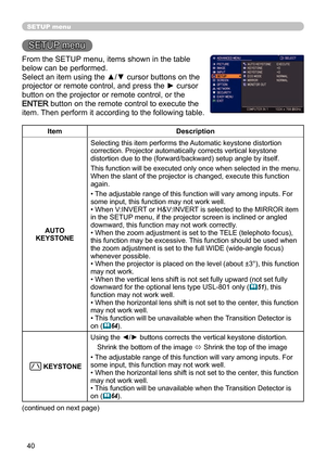 Page 4040
SETUP menu
SETUP menu
From the SETUP menu, items shown in the table 
below can be performed.
Select an item using the ▲/▼ cursor buttons on the 
projector or remote control, and press the ► cursor 
button on the projector or remote control, or the 
ENTER button on the remote control to execute the 
item. Then perform it according to the following table.
ItemDescription
AUTO 
KEYSTONE Selecting this item performs the Automatic keystone distortion 
correction. Projector automatically corrects vertical...