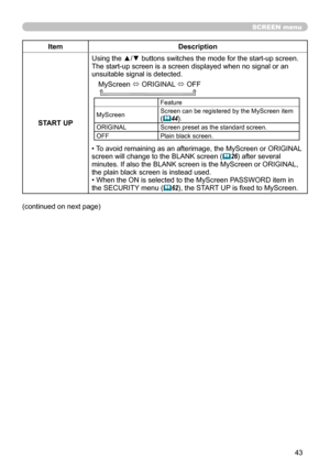 Page 4343
SCREEN menu
ItemDescription
START UP Using the ▲/▼ buttons switches the mode for the start-up screen.
The start-up screen is a screen displayed when no signal or an 
unsuitable signal is detected.
MyScreen  ó ORIGINAL 
ó OFF
    
Feature
MyScreen Screen can be registered by the MyScreen item 
(
44).
ORIGINAL Screen preset as the standard screen.
OFF Plain black screen.
• To avoid remaining as an afterimage, the MyScreen or ORIGINAL 
screen will change to the BLANK screen (
26) after several...