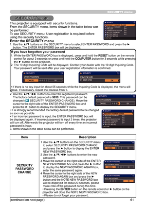 Page 6161
SECURITY menu
This projector is equipped with security functions.
From the SECURITY menu, items shown in the table below can 
be performed.
To use SECURITY menu: User registration is required before 
using the security functions.
Enter the SECURITY menu1.  Use the ▲/▼ buttons on the SECURITY menu to select ENTER PASSWORD and press the ► 
button. The ENTER PASSWORD box will be displayed.  
If you have forgotten your password
1.  While the ENTER PASSWORD box is displayed, press and hold the RESET button...