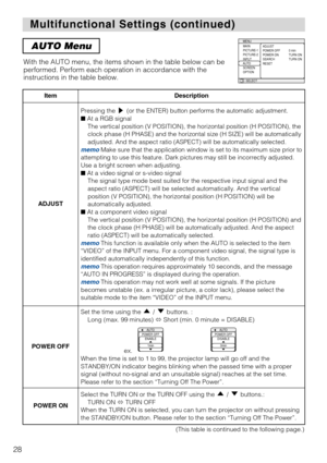 Page 2828
Multifunctional Settings (continued) Multifunctional Settings (continued)
AUTO Menu
With the AUTO menu, the items shown in the table below can be
performed. Perform each operation in accordance with the
instructions in the table below.
ItemDescription
ADJUST
Pressing the  (or the ENTER) button performs the automatic adjustment. 
■At a RGB signal
The vertical position (V POSITION), the horizontal position (H POSITION), the
clock phase (H PHASE) and the horizontal size (H SIZE) will be automatically...