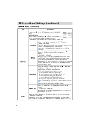 Page 3434
Multifunctional Settings (continued) Multifunctional Settings (continued)
ItemDescription
SERVICE
Pressing the (or the ENTER) button calls the SERVICE
menu. 
SERVICE Menu
Select an item using the  /  buttons, and press the
(or the ENTER) button to per form each function. :
FANSPEED AUTO ADJUST LENS TYPE LENS LOCK
FANSPEED
Select the fan speed level using the  /  buttons. :
HIGH NORMAL
The HIGH ups rotation speeds of fans, though. Please use this
function in using a projector at highlands etc....