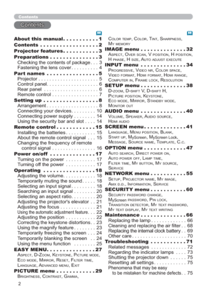 Page 22
Contents
Contents
About this manual ...........1
Contents  ..................2
Projector features ...........3
Preparations ...............3
Checking the contents of package ... 3
Fastening the lens cover .......... 4
Part names  ................5
Projector ...................... 5
Control panel ................... 6
Rear panel  .................... 6
Remote control ................. 7
Setting up  .................8
Arrangement ................... 8
Connecting your devices ......... 10
Connecting power...