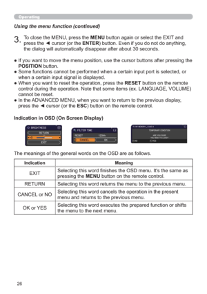 Page 2626
Operating
Using the menu function (continued)
3.To close the MENU, press the MENU button again or select the EXIT and 
press the ◄ cursor (or the ENTER) button. Even if you do not do anything, 
the dialog will automatically disappear after about 30 seconds.
●  If you want to move the menu position, use the cursor buttons after pressing the 
POSITION button.
●  Some functions cannot be performed when a certain input port is selected, or 
when a certain input signal is displayed.
●  When you want to...