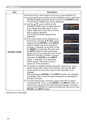 Page 4444
SCREEN menu
Item Description
SOURCE NAMEEach input port for this projector can have a name applied to it.
(1)  
Use the ▲/▼ cursor buttons on the SCREEN menu to select the 
SOURCE NAME and press the ► cursor (or the ENTER) button.  
The SOURCE NAME menu will be displayed.
(2)  Use the ▲/▼ cursor buttons on the 
SOURCE NAME menu to select the port 
to be named and press the ► cursor 
button. Right side of the menu is blank 
until a name is speciﬁed. 
The SOURCE NAME dialog will be 
displayed.
(3)  The...